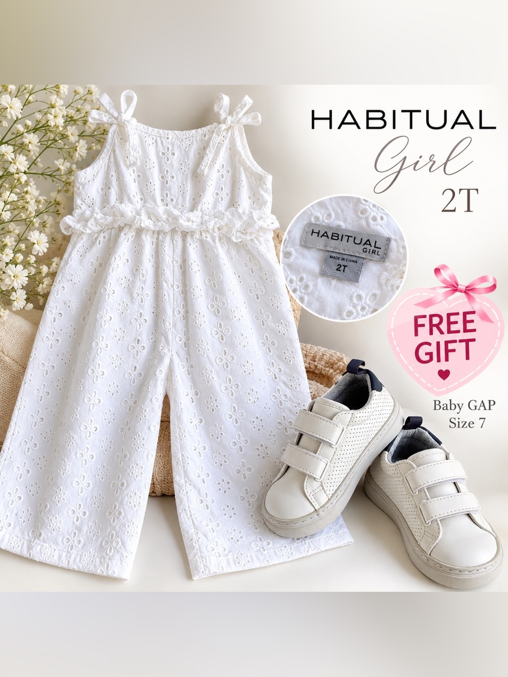 💟 Habitual Girls White Eyelet Jumpsuit 2T + FREE Baby GAP Shoes